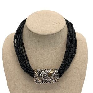 Chico's Necklace Black Glass Seed Beads Beaded Multi Strand Statement.